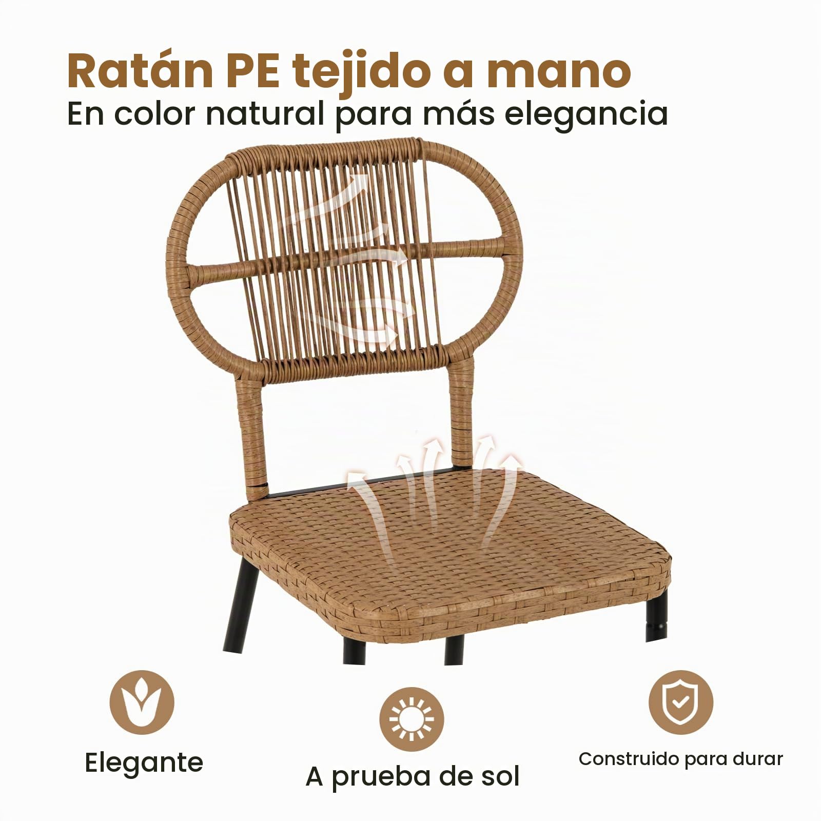 LIFEZEAL Comedor de jardín con 2 sillas y Mesa de Madera | Conjunto de terraza con sillas de mimbre PE, estante y estructura metálica para patio y piscina