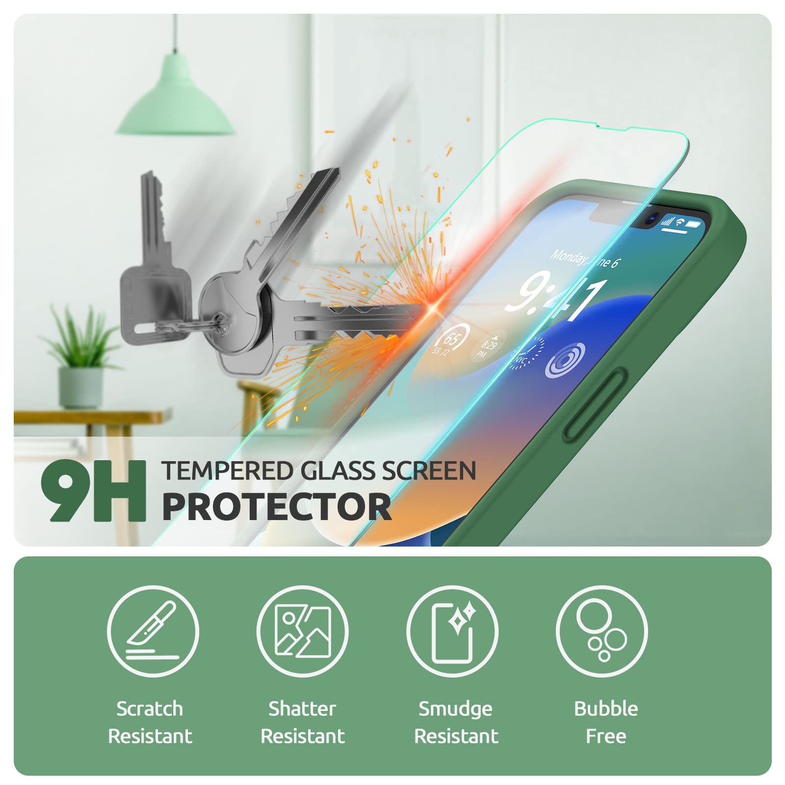 GOODVISH 3 in 1 Cover in Silicone per iPhone 14 Pro 6,1 (2022), con 2 Pezzi di Pellicola Protettiva, iPhone 14 Pro Custodia per Cellulare Antiurto Resistente Protezione Fotocamera, Verde Pino