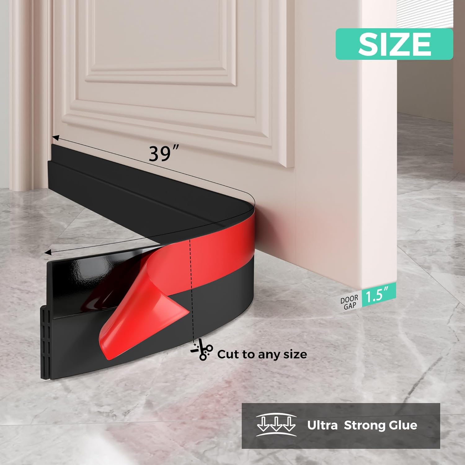 Hojoy 4 Pack Under Door Draft Stopper, Adjustable Door Sweep Anti-Collision Strong Adhesive Weather Stripping Tape Soundproof Draught Stoppers 2" W x 39" L, Black