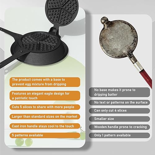 Miniatura 6 de Máquina para hacer gofres de hierro fundido con base baja, plancha de gofres retro con cinco formas de gofres, presazonada de dos piezas con