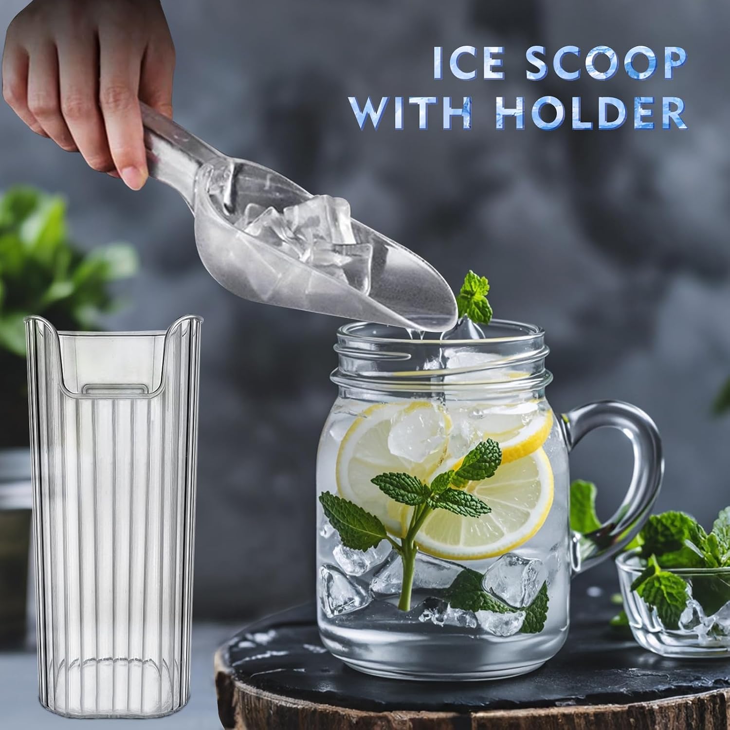 KAWENDE Ice Scoop With Holder - Removable Plastic Scoop for Freezer, Kitchen Countertop Ice Maker, Commercial Machine - Strong Traceless Self-Adhesive