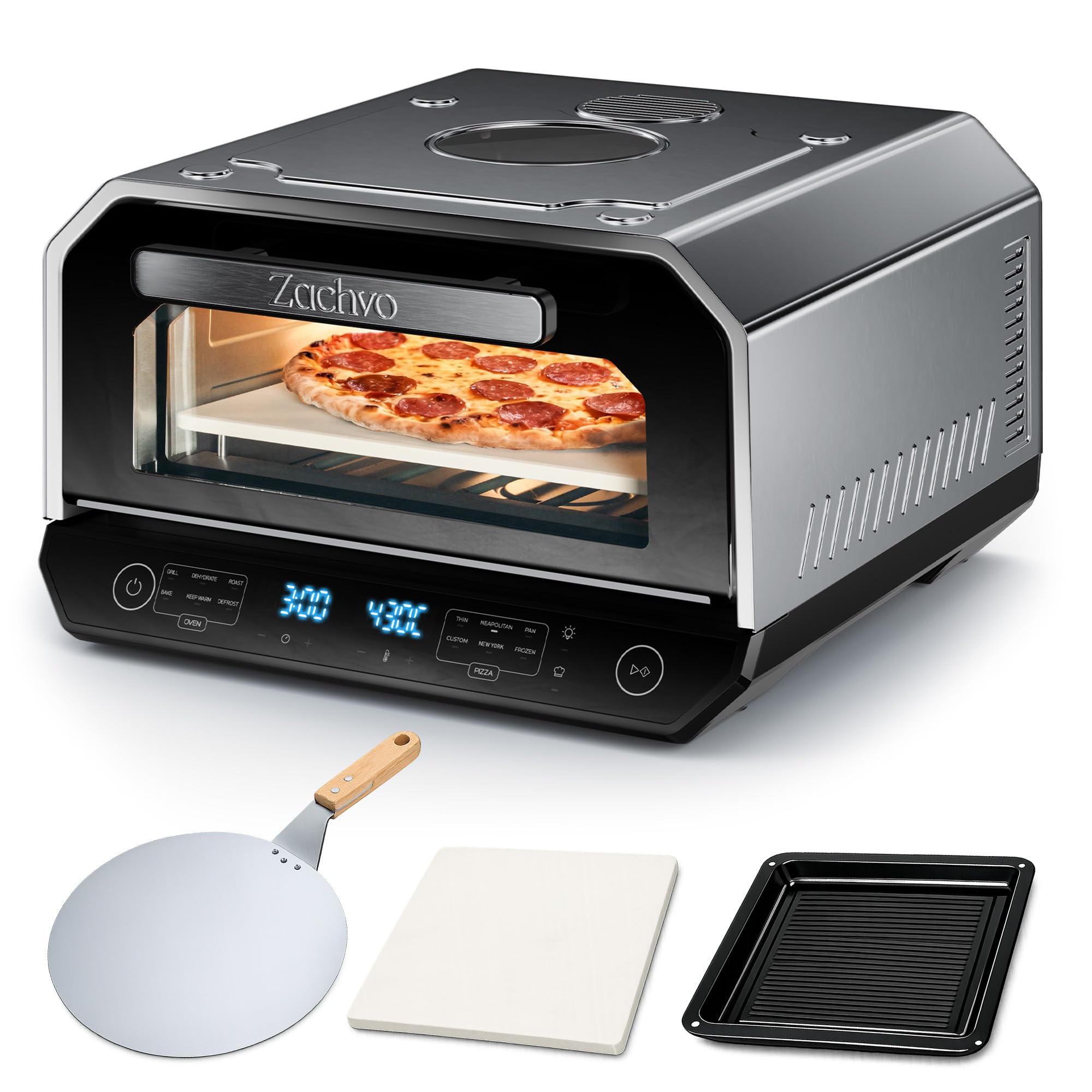 Four à pizza électrique, 450 °C, pizza napolitaine en 90 secondes, fenêtre de visualisation et éclairage intérieur, 13 programmes