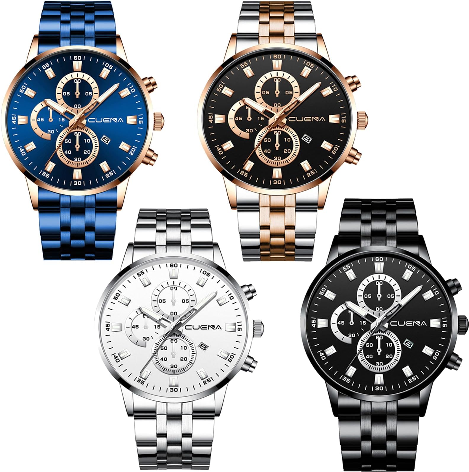 4 Pack Men's Watches Luxury Casual Dress Business Waterproof Military Quartz Wristwatches for Men Stainless Steel Band Gold Black Blue Silver Wholesales Set Assorted