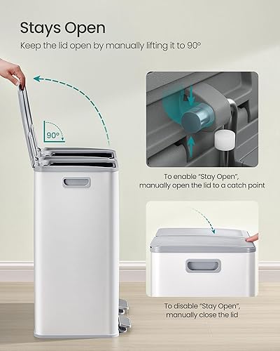 Miniatura 5 de SONGMICS Bote de basura, 2 x 8 galones (2 x 30 L) de doble compartimento con tapa de cierre suave, pedal y cubos interiores, acero inoxidable,