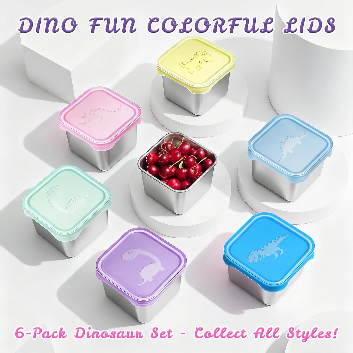 6-Pack Small (6 oz) Stainless Steel Snack Containers for Kids, Easy-Open Toddler Snack Containers with Lids - Cute Dinosaur Small Stackable Metal Lunch Box for Daycare, School, Travel - Image 9