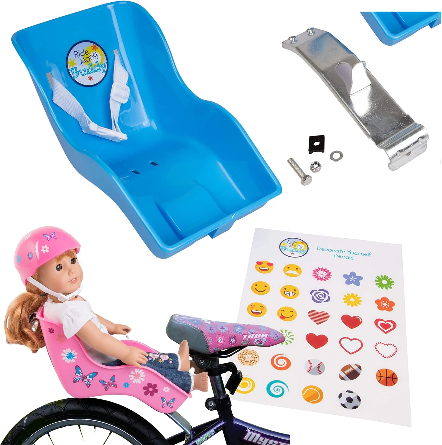 The Original Stuffed Animal and Doll Bicycle Seat- Bike Attachment Accessory for American Girl and All 18"-22" Dolls and Stuffed Animals- Decorate Yourself Decals Included (Blue)