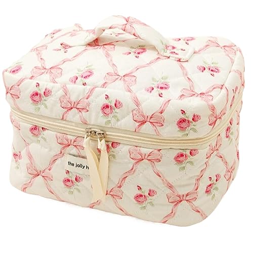 Quilted Makeup Bag, 9.8x5.9x6.3 Cute Bow Makeup Bag, Cotton Floral