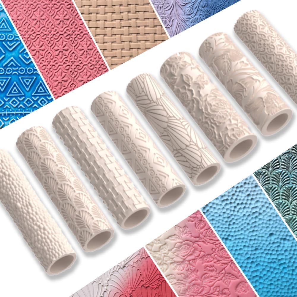 8 Pcs Polymer Clay Texture Roller, Texture Roller for Clay, 3.15 in x 0.79 in Pottery Texture Rollers for Jewelry Making, Like Texture Sheets, Work with Polymer Clay Cutters