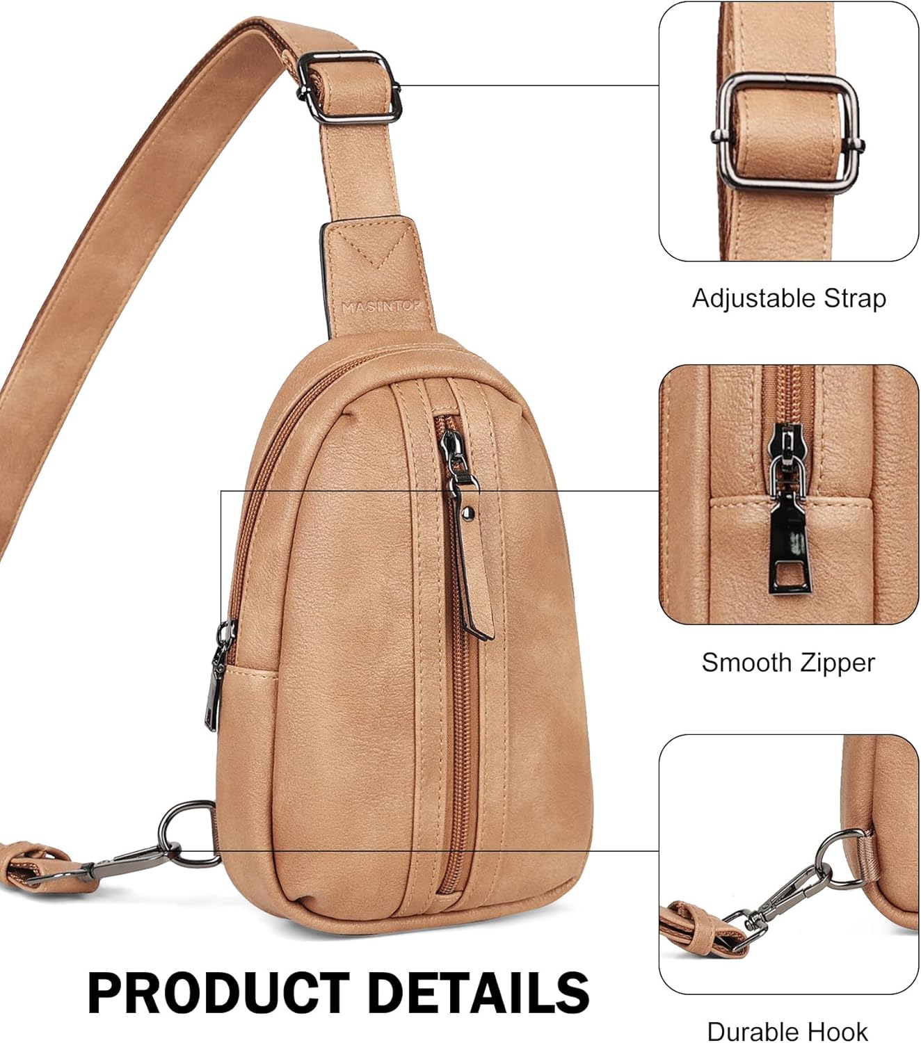 MASINTOR Small Sling Bag for Women and Men - Vegan Leather Crossbody Fanny Pack with Multiple Compartments for Everyday Use Camel Brown - Image 6