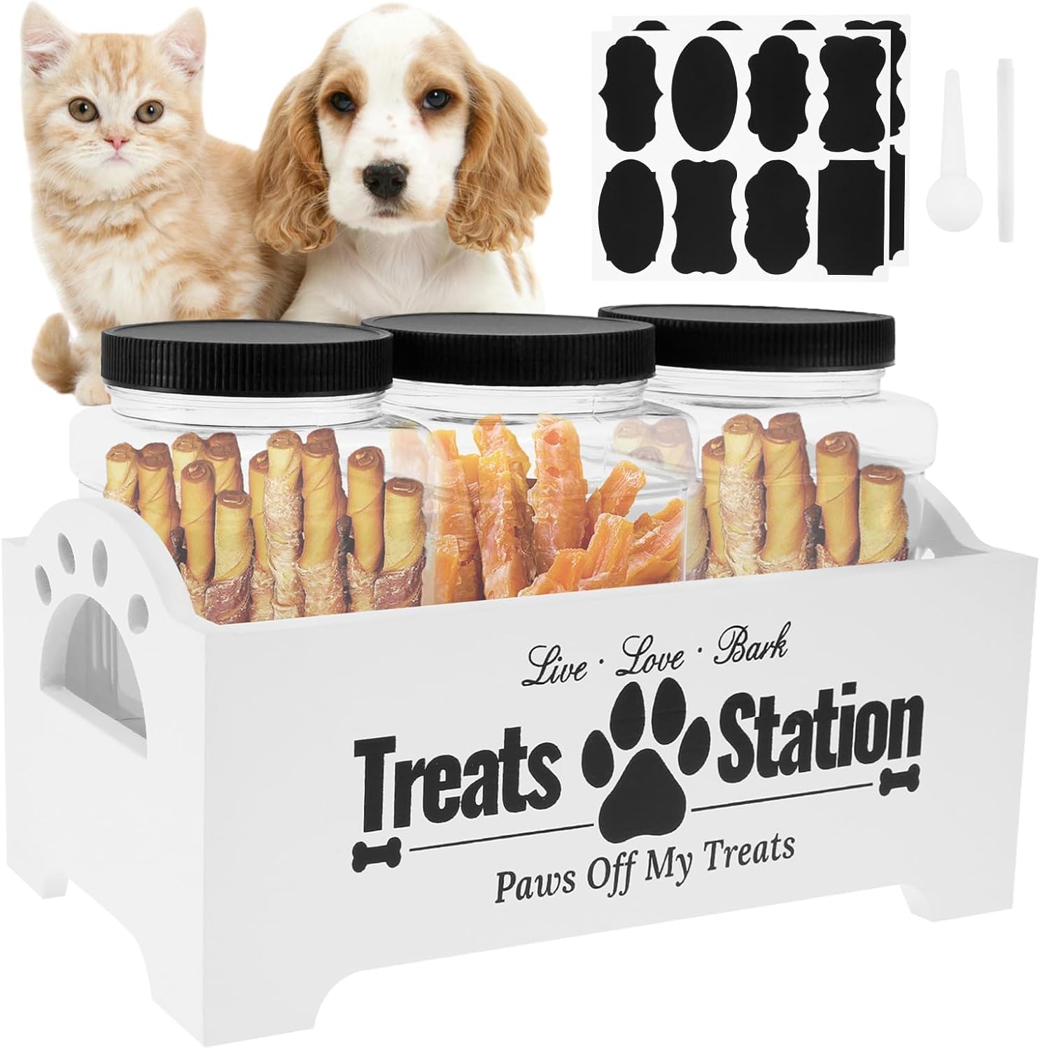JEJUWE Dog Treat Container Wooden Dog Food Jar with 3 Plastic Jars Air Tight Reusable Cute Pet Biscuit Jars with Handles for Dogs and Cats(white)