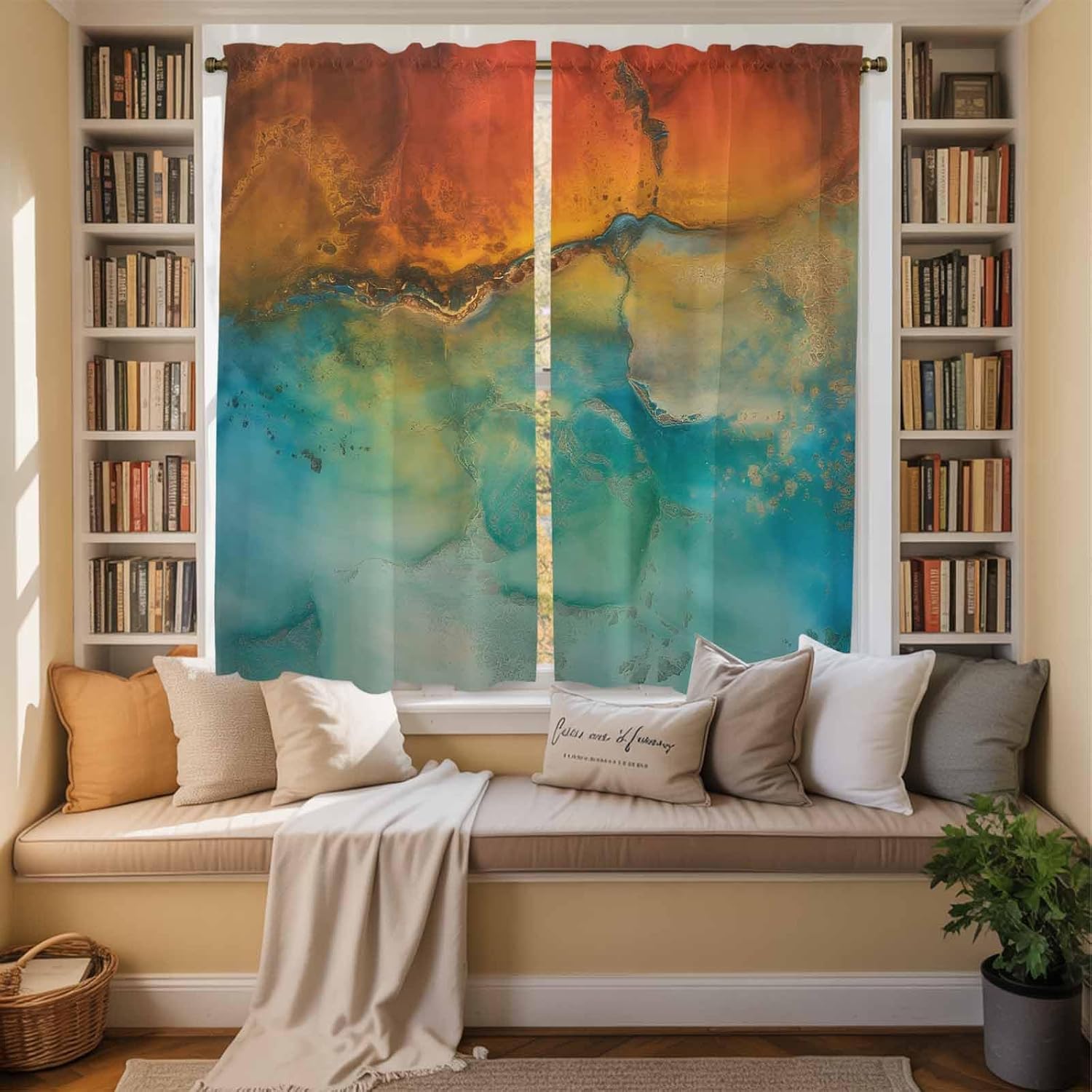Abstract Window Curtains 63 Inch Long 2 Panel Set,Rod Pocket Bedroom Curtains & Drapes,Orange Teal Green Gradient Fluid Modern Oil Painting Light Filtering Window Treatment for Living Room 42"W x 63"L