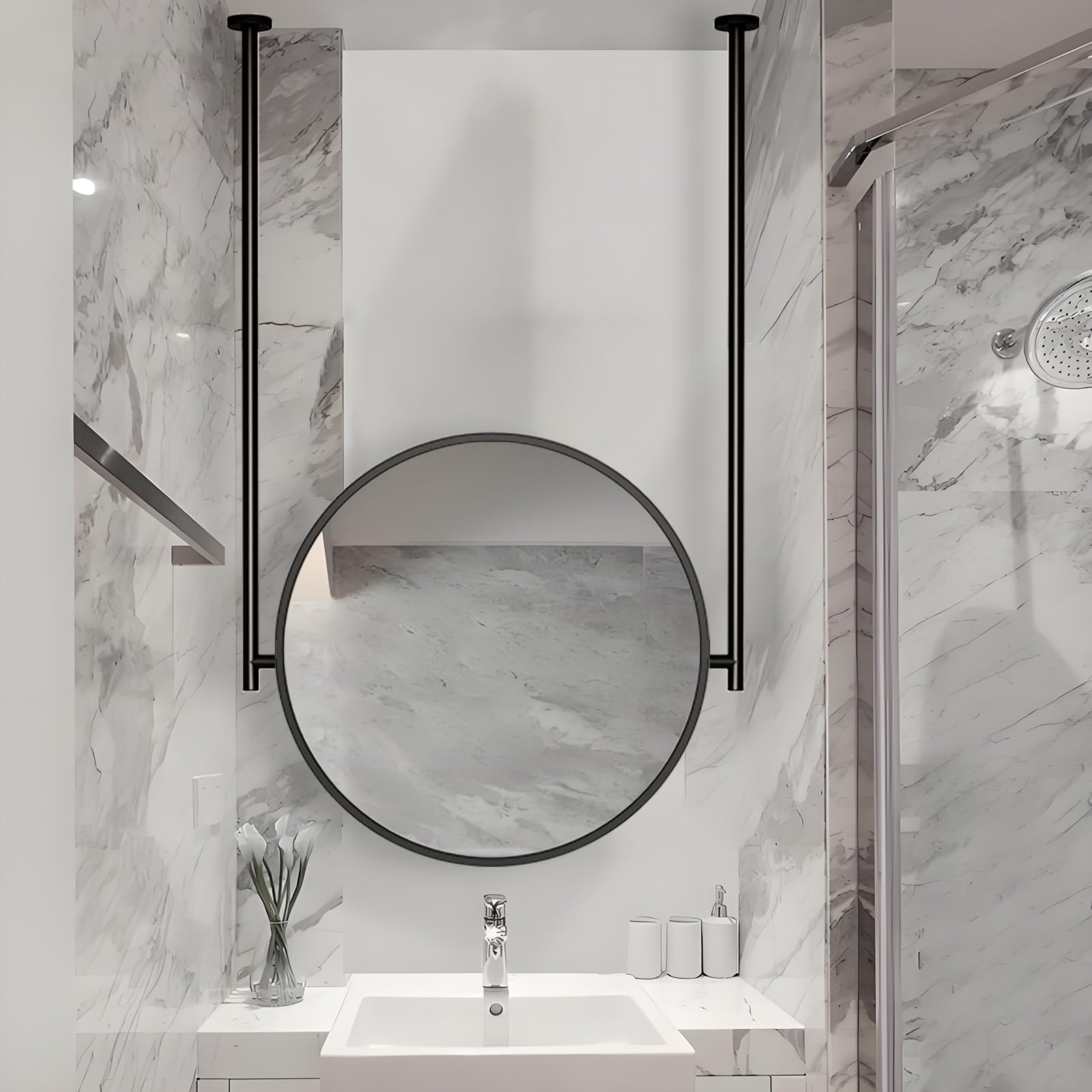 FGXHHS Circle Mirrors with Black Metal Frame Boom(Boom Can be Customized) Ceiling Hanging Mirror, Bathroom Makeup Shaving Modern Decorative(Diameter-50CM/19.7INCH)