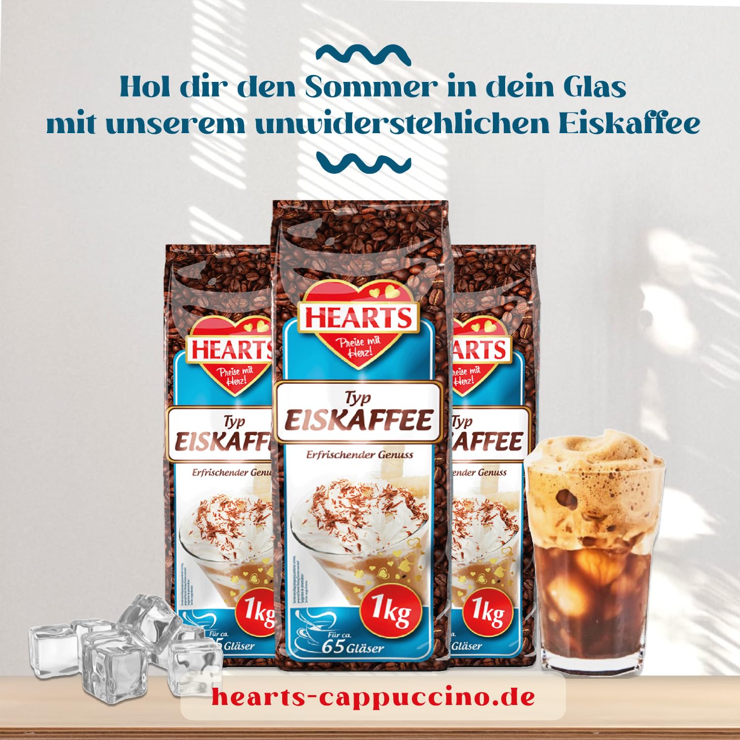 HEARTS kawa mrożona w proszku 20 x 1 kg, korzystne opakowanie idealne dla klientów biznesowych – zmielona kawa na lato, szybkie przygotowanie, Ice Coffee Frappe Art, letni napój z orzeźwiającą