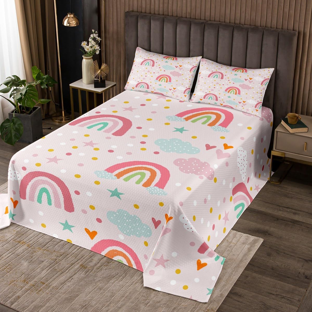 jejeloiu Cute Cartoon Rainbow Bedspread Graffiti Rainbow Bedspread for Kids Boys Girls Butterfly Floral Coverlet Set Colorful Dots Quilted Bedroom Collection 3Pcs Queen Size
