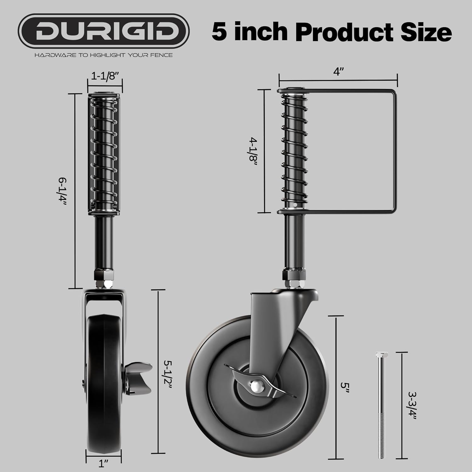 5” Spring Loaded Gate Wheel Side Break Gate Caster Wheel Gate Wheels for Wooden Gate, Fence Gate Wheel Fence Wheels for Gates, Ideal for Outdoor Gates, 200 LBS Capacity, 2 Pcs, Black