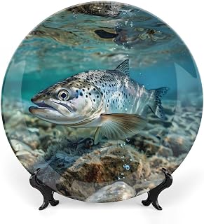Speckled Sea Trout Bone China Decorative Plate Ceramic Dinner Plates Crafts with Vertical Stand for Home Office Decor