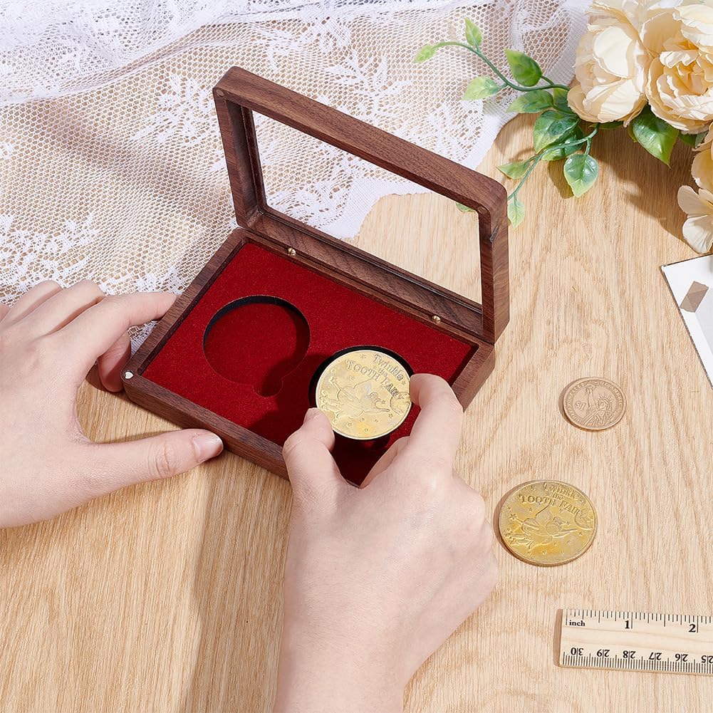PLIGREAT Wood Double Coins Display Box, Rectangular Coin Collection Display Wooden Challenge Coin Presentation Displays Box Storage Case Commemorative Coins Holder for Collectors, 5.2"x3.8" image 3
