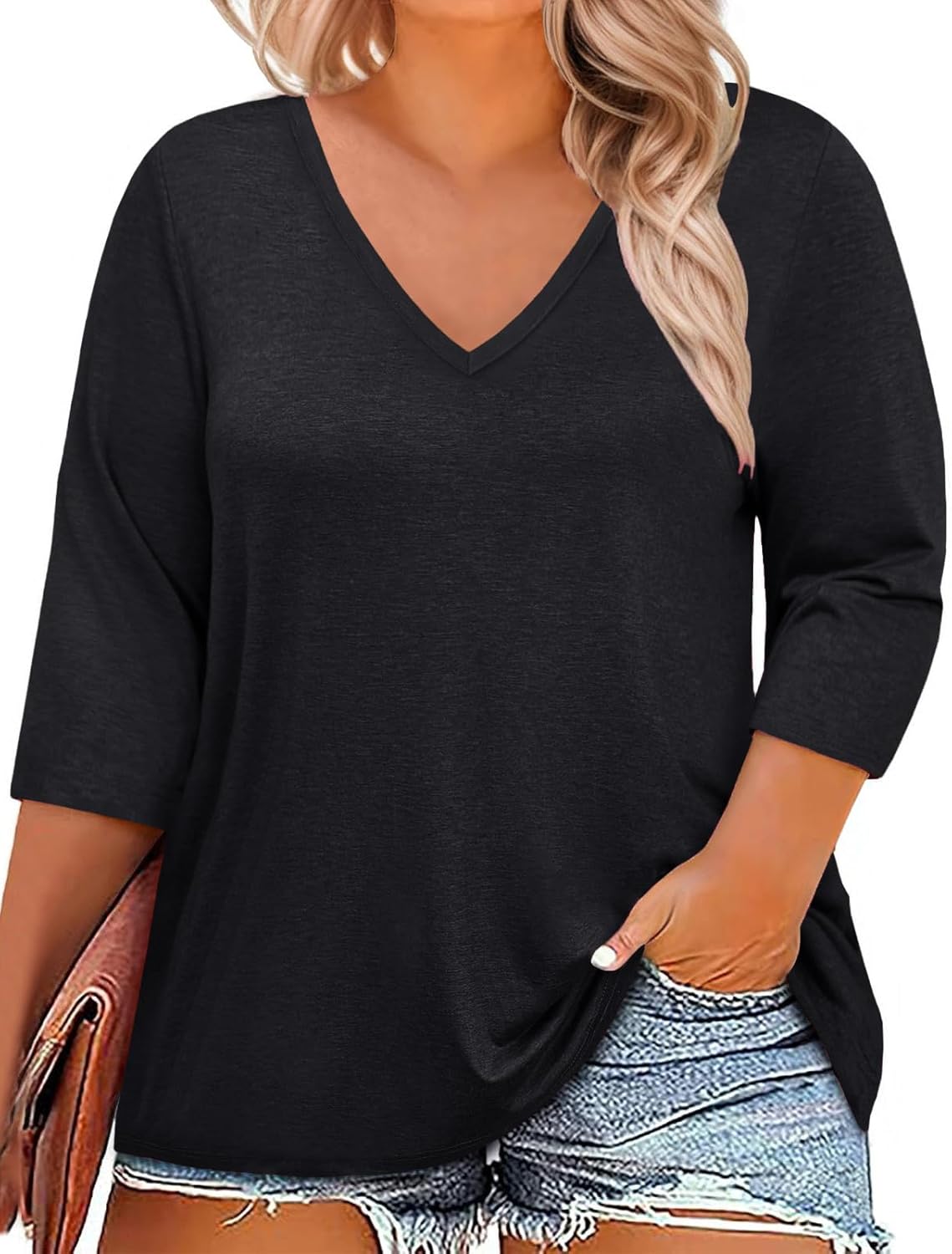 ZDC Womens Plus Size Tops 3/4 Sleeve V Neck T Shirts Casual Loose Fit Tee Tunic Blouse