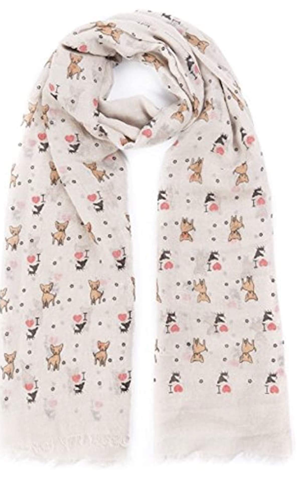 World Of Shawls Women's I Love My Puppy Beige Pug Dog, Dachshund Dogs, Spaniel Dog, Jack Russell Print Scarf - All Seasons Lovely Soft Scarf Wraps Shawl Scarves (I Love My Puppy Beige)