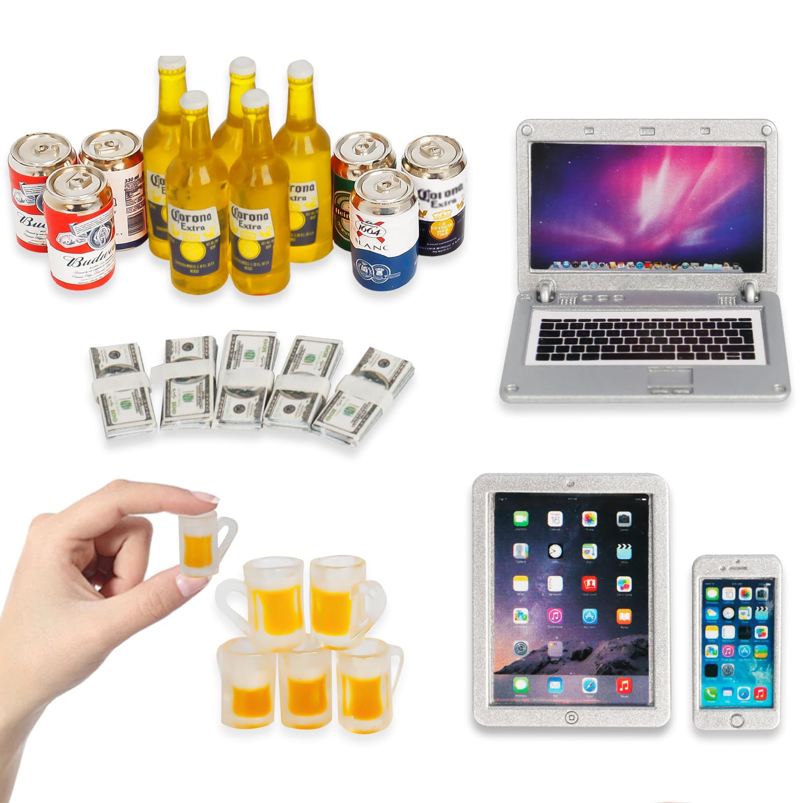 Juego de 24 mini botellas de cerveza, a escala 1:12, latas de cerveza en miniatura de vidrio, mini tableta, teléfono inteligente, juego de billetes de dólar, modelo de escena en miniatura para