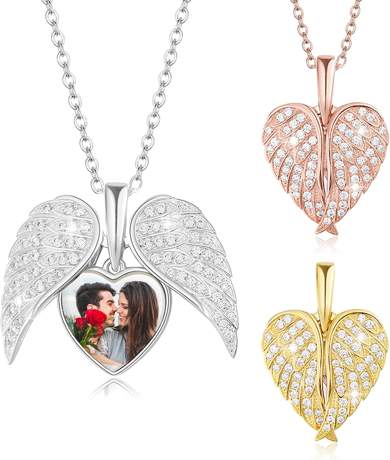 925 Sterling Silver Personalized Heart Locket Necklace Custom Photo Heart Angel Necklace with Picture Inside Memorial Necklace for Women Her