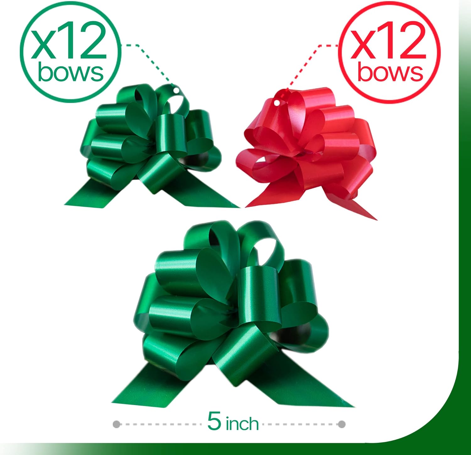 24 PCS Eye-Catching Xmas Pull Bows for Easy Gift Wrapping with Ribbon - 5" Wide Wrap Bows for Christmas Tree Decoration, Holiday Décor, Present Wrapping, Baskets,Birthday, Easter -12 Green 12 Red Bows : Health & Household