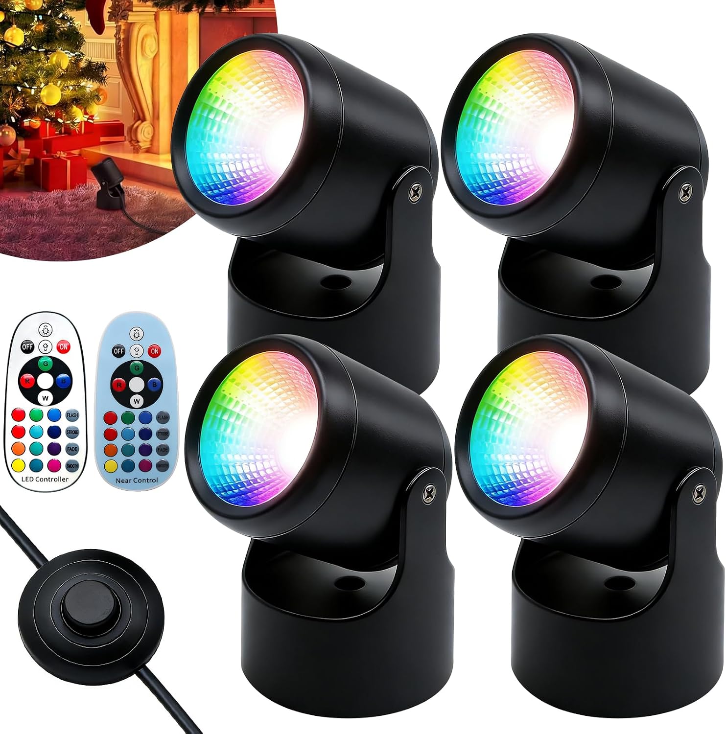 RGBW Uplights Indoor Spotlight for Plants, 6W LED Spot Lights with Remote & Foot Switch, Color Changing Accent Lighting for Wall, Artwork, Room & Party Decor, Plug-in Floor Uplight, Black, 4 Pack