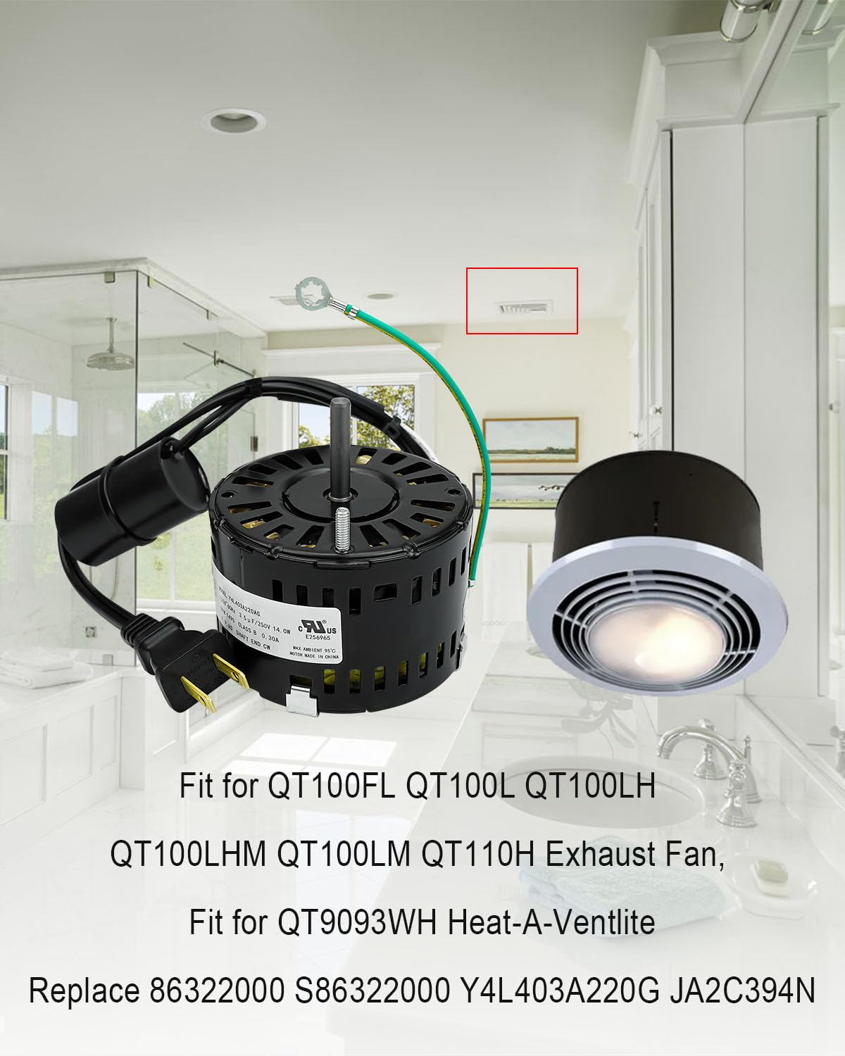 Bath Fan Motor Compatible with QT100FL QT100L QT100LH QT100LHM QT100LM QT110H, Bathroom Fan Ventilator Motor Replace JA2C394N 86322 S86322000 86322000 Y4L403A220G