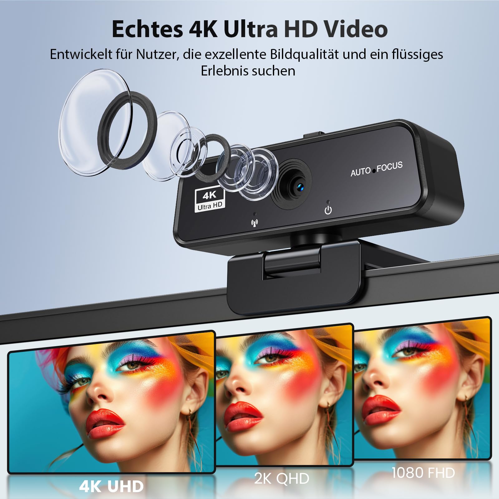 Kamera internetowa 4K z mikrofonem – kamera UHD PC z USB A, czysty dźwięk stereo, automatyczna korekcja światła, automatyczna korekcja światła, kamera internetowa USB, do strumieniowego