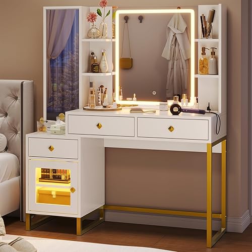 Miniatura 2 de HAUOMS Tocador de maquillaje con gabinete de joyería y espejo iluminado LED, moderno escritorio con estación de carga, juego de mesa de tocador de