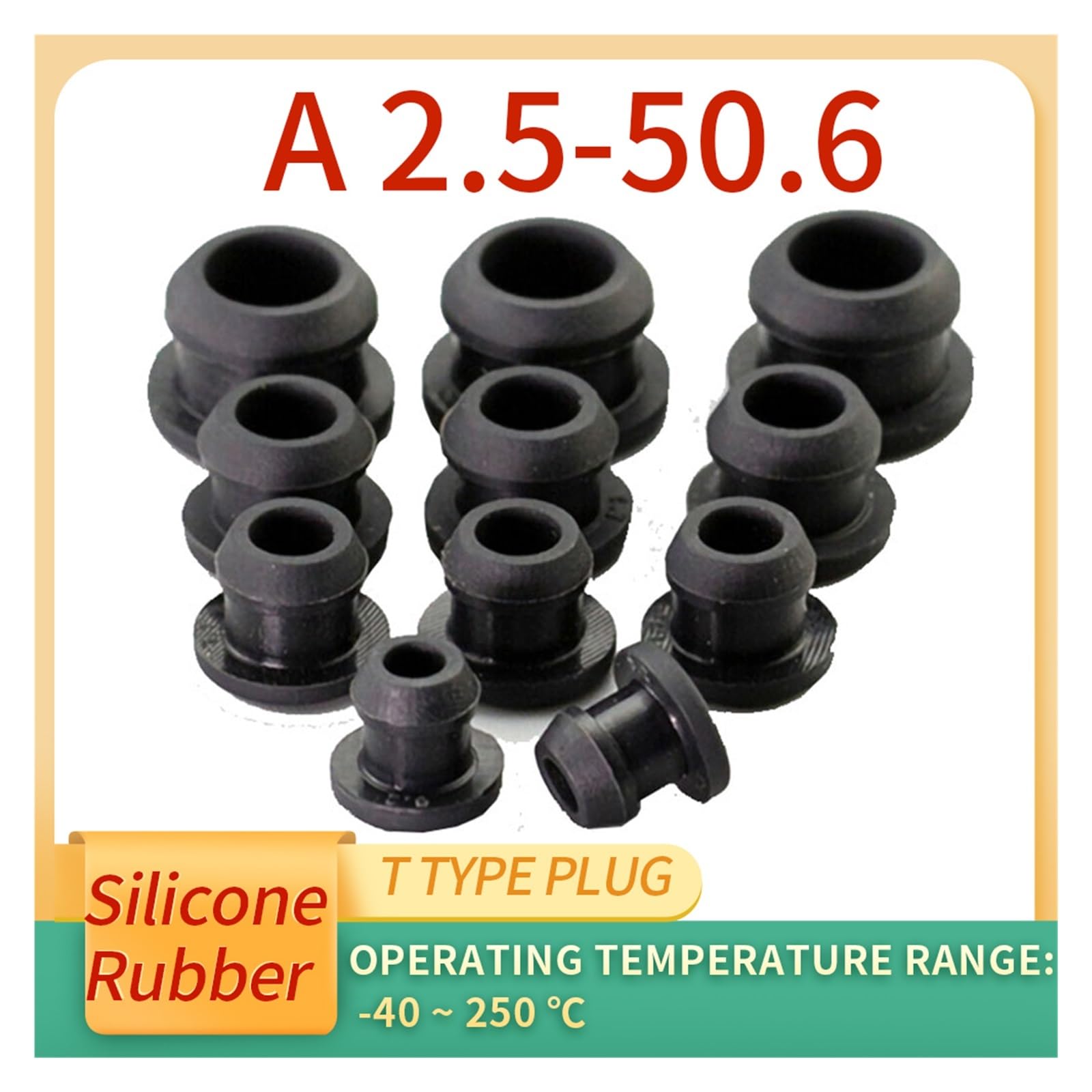 Tapón de Orificio de Caucho de Silicona Tapones cónicos de Silicona Tipo T, de 2,5-50,6 mm, a presión, con Insertos de Tubo, a Prueba de Tapones, Negros, 10 mm (5 Unidades)(A 46.6Mm-8Pcs)