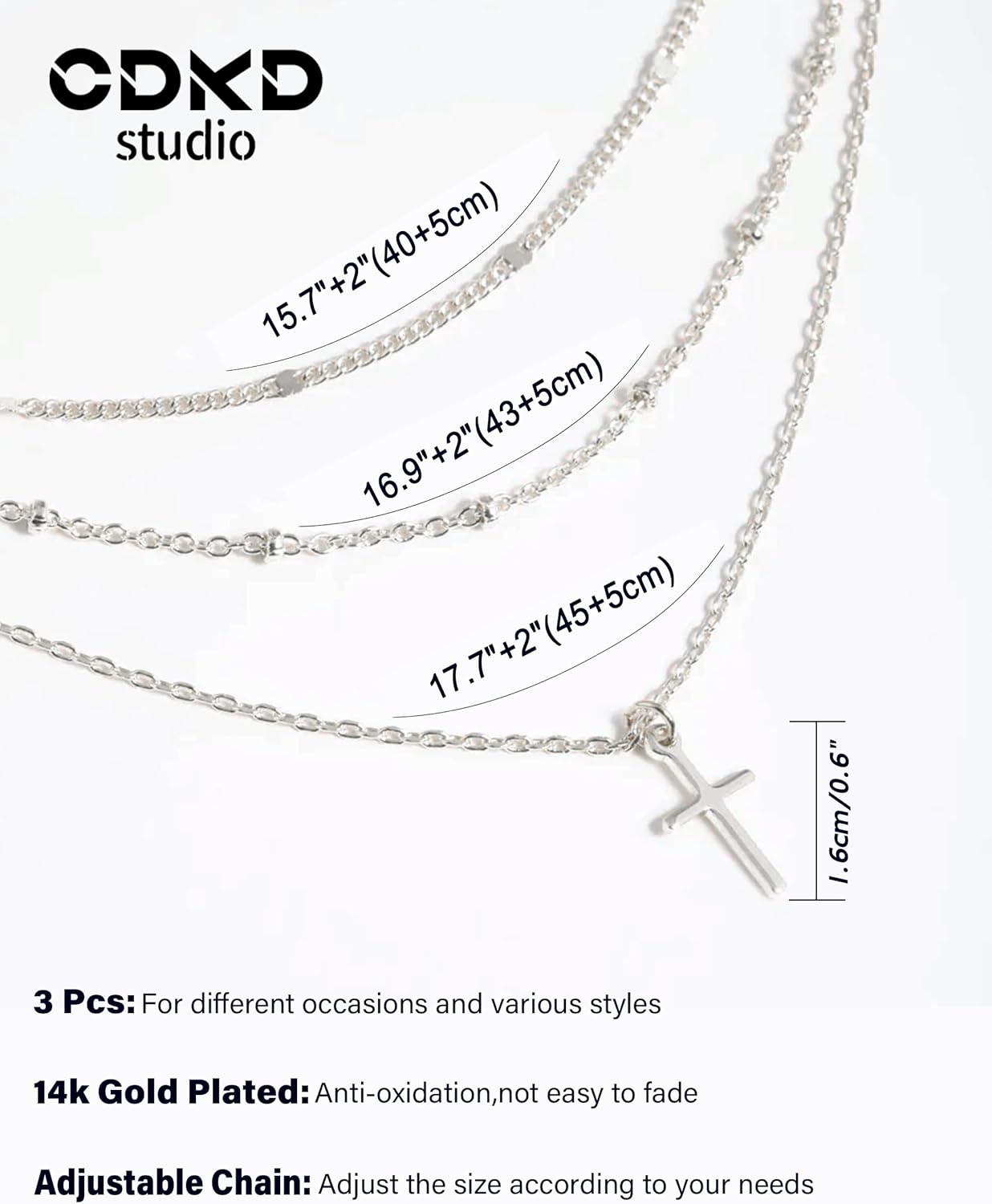 Cross Necklaces for Women 3Pcs Stackable Sterling Silver/14K Gold Plated Cross Pendant Necklaces Dainty Layered Silver Bead Cross Strip Chain Necklace - Image 4
