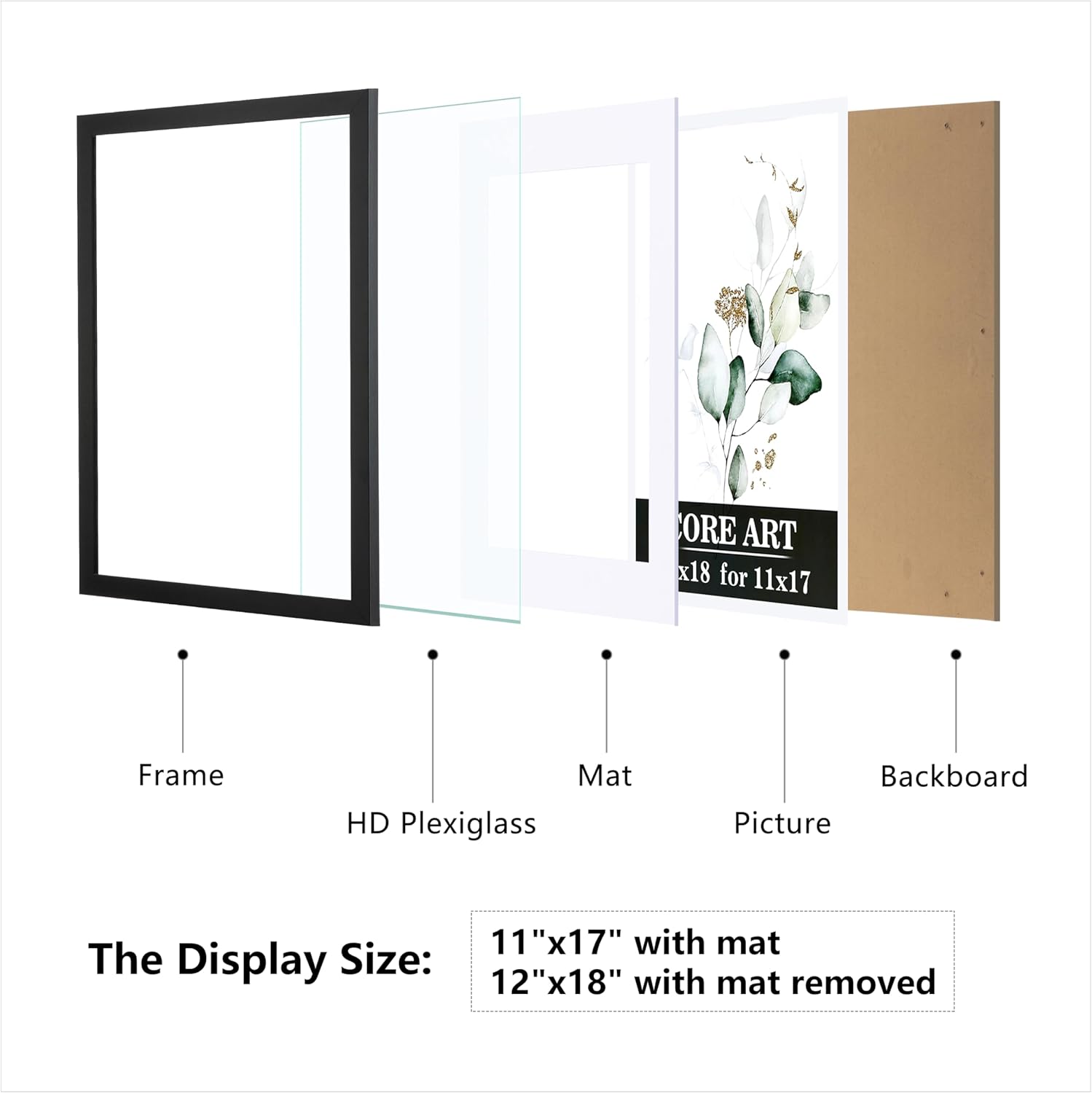 CORE ART 12x18 Picture Frame Set of 4, Display Pictures 11x17 with Mat or 12 x 18 without Mat, Multi Photo Frames Collage for Wall or Tabletop Display, Black