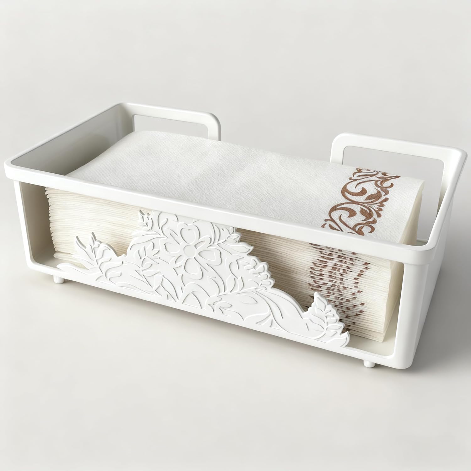 Metal Napkin Holder for Bathroom and Kitchen - White Floral Design Disposable Hand Towel Holder Tray, Guest Towel Organizer for Countertop, Paper Napkin and Towel Dispenser (White)