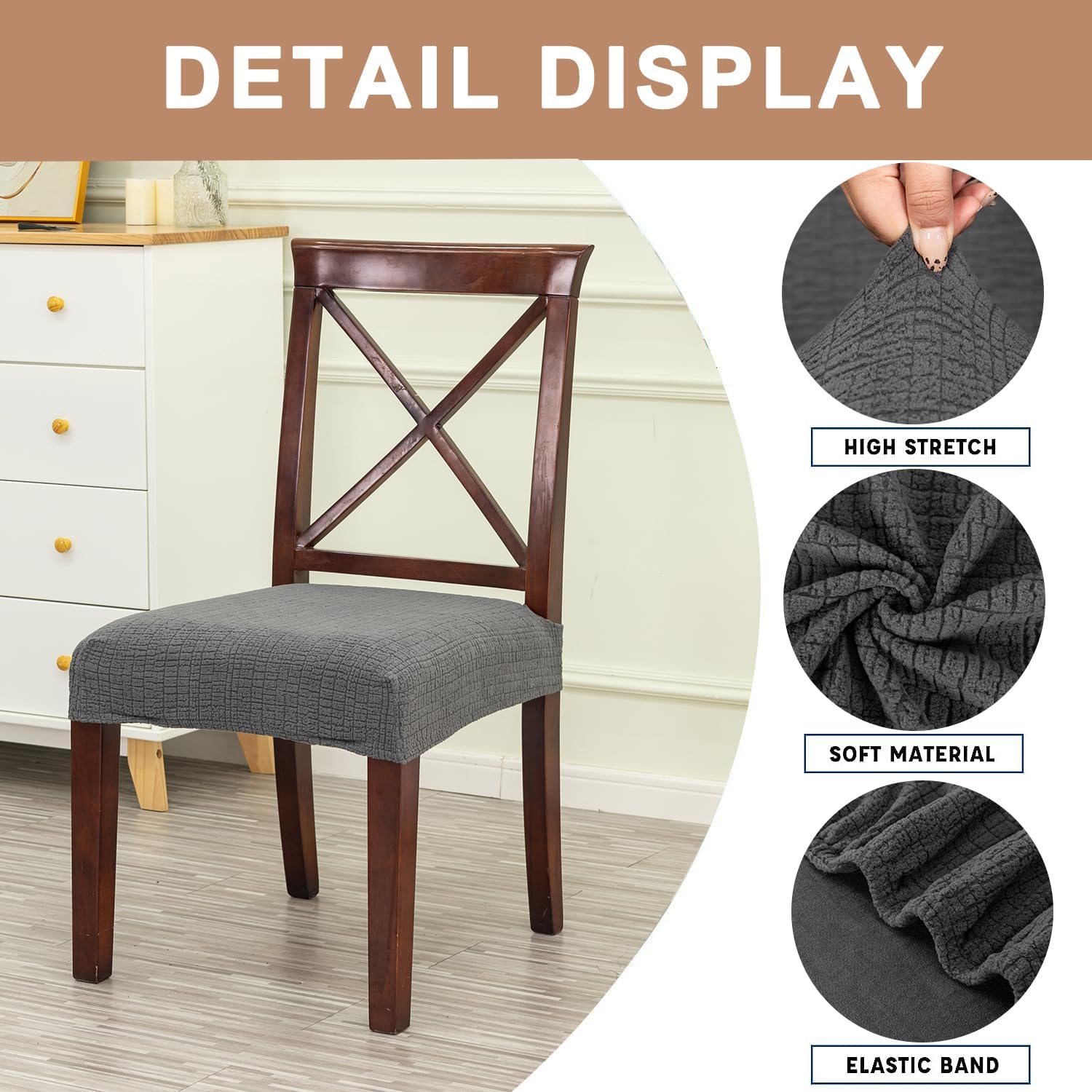 Eco-Ancheng Dining Chair Seat Covers Dining Chair Covers Set of 4, Jacquard Chair Seat Slipcover Removable Washable Seat Cover for Dining Chairs Dining Room Chair Cover Protector (Rear-Covered,Gray)