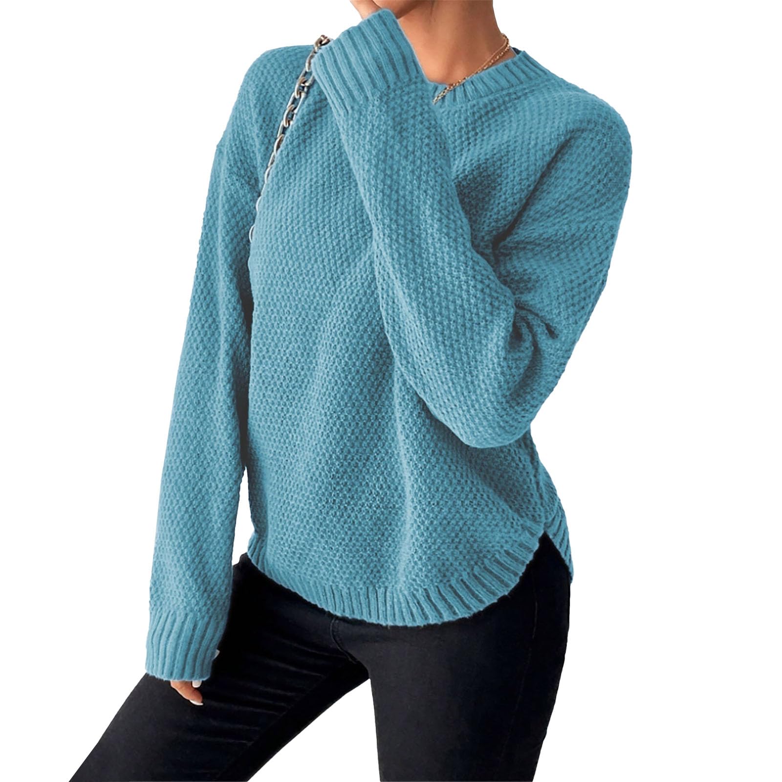 Womens Fall Sweaters 2025 Crew Neck Long Sleeve Cozy Knit Sweater Casual Loose Side Split Pullover Jumper Tops