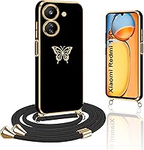 Papillon Coque avec Cordon pour Xiaomi Redmi 13C 4G - TPU Antichoc, Collier Réglable, Housse Compatible, Noir