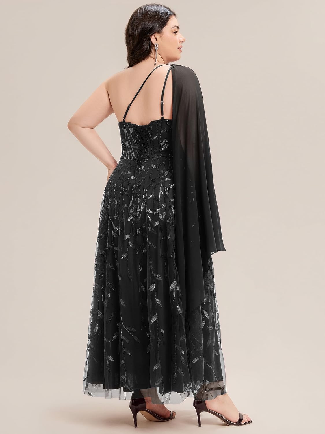 Ever-Pretty Plus Sequin Formal Dress for Curvy Women One Shoulder Maxi A-Line Plus Size Prom Dresses Evening Gowns