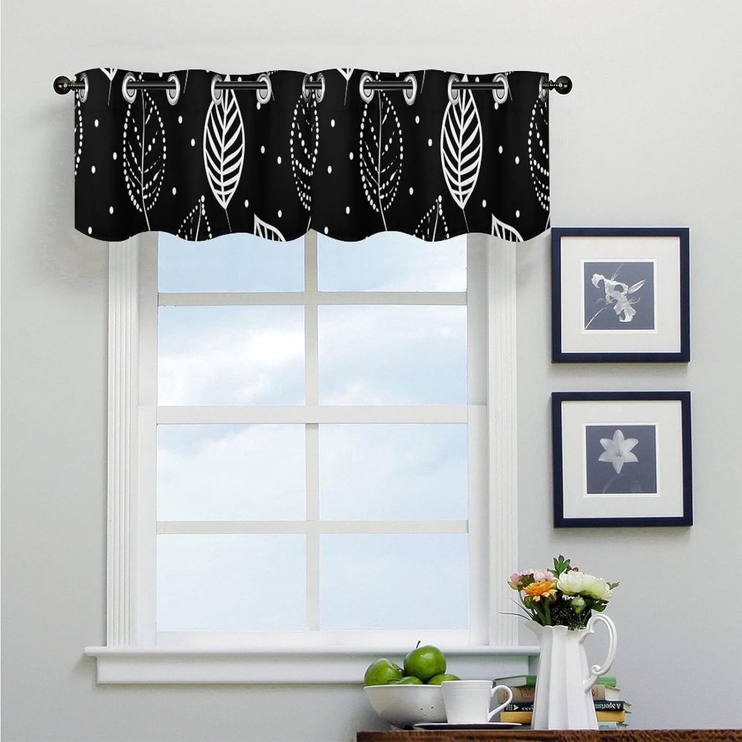 Leaves and Dots Valance for Windows, 2 Pack Kitchen Curtains Modern Home Decor, Soft Blackout Window Curtains for Living Room & Bedroom, 18 X 52 Inch