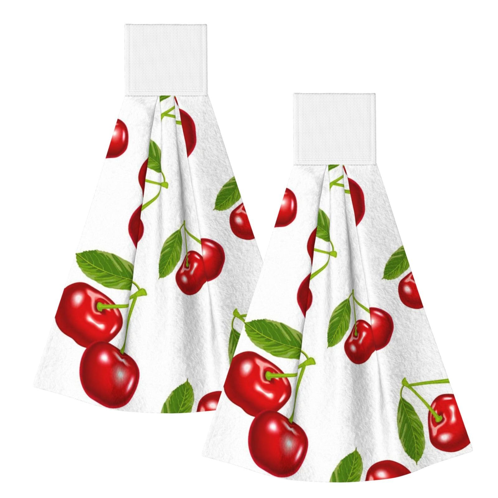 DOPKLNA Cherry Pattern, 2 Pcs Hanging Coral Fiber Hand Towels for Bathroom, Absorbent Kitchen Towels
