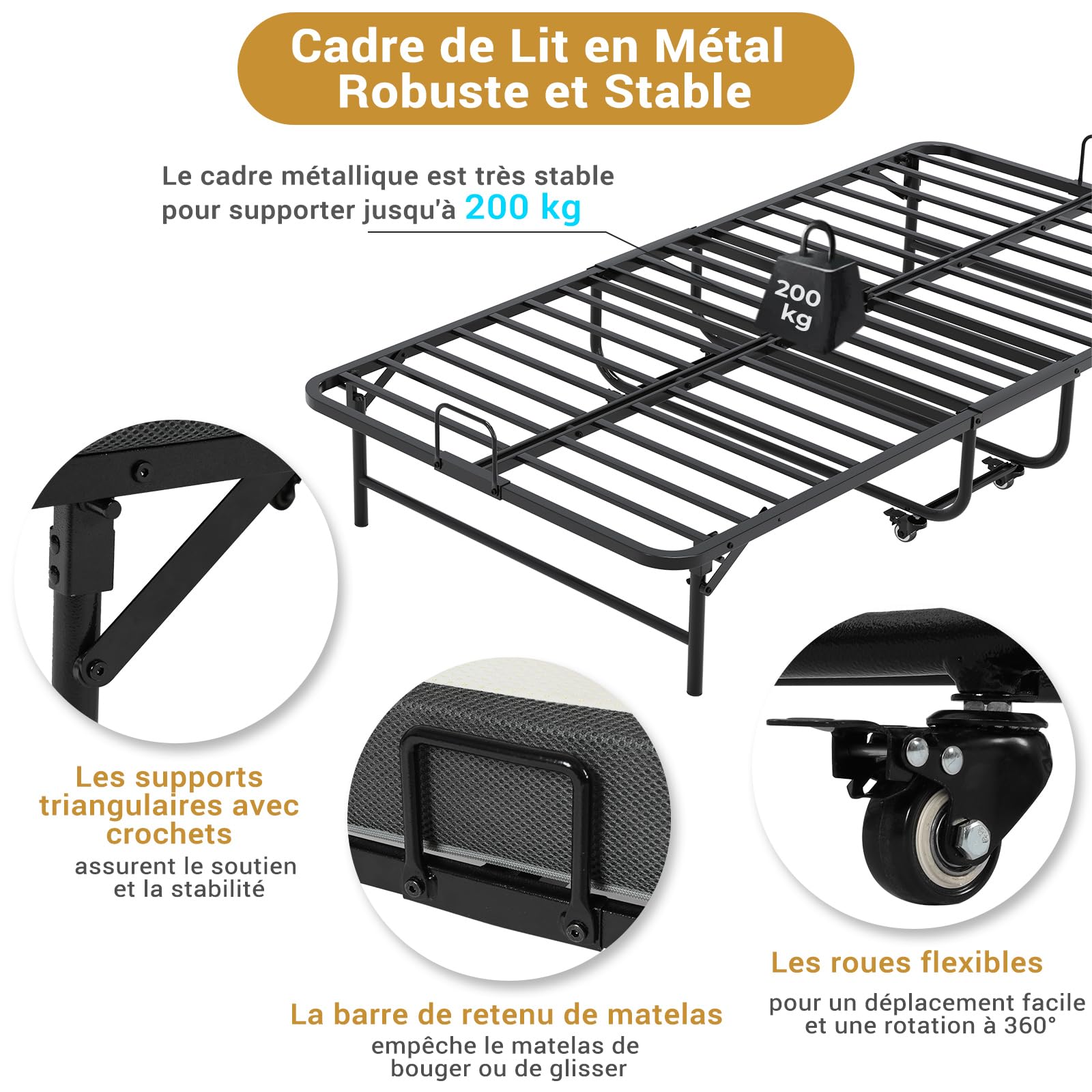 Brinlawb Lit Pliant 1 Personne 90x200 cm avec Matelas, Lit Pliable Adulte avec Matelas en Mousse de 10 cm, Lit d'appoint 1 Personne avec Cadre de lit en métal et 4 roulettes, Charge 250 kg, Noir