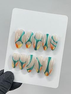 Free Style Blue & Nude Almond Press On Nails, Custom Handpainted Fake Nails, Short Nails for Birthday Party (Custom)