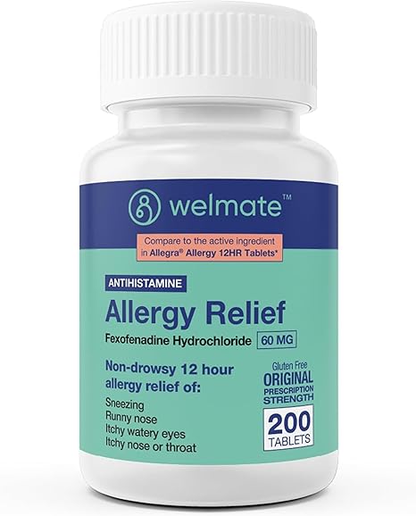 WELMATE - Fexofenadine Hydrochloride 60mg (200 Tablets) - Non Drowsy Allergy Medicine - 12 Hours - Antihistamine - Nose, Eyes, Throat - Generic Allergy Pills - Gluten Free, Over-the-Counter Medication