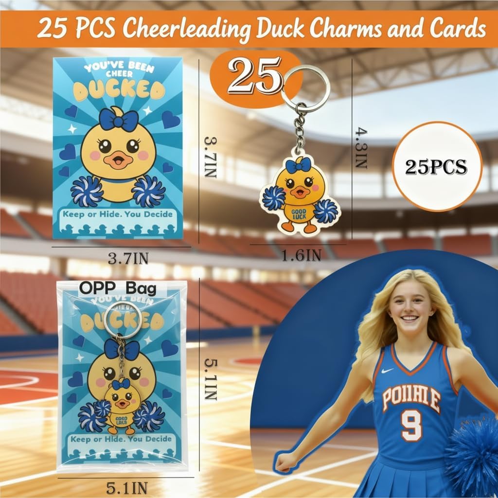 Set of 25 Cheer Gifts Bulk Duck Keychain with Cards, Cheerleader Gift Duck from Coach for Soccer Volleyball Basketball Football Tennis Baseball Competetion Party Favors Supplies(BLUE) image 4
