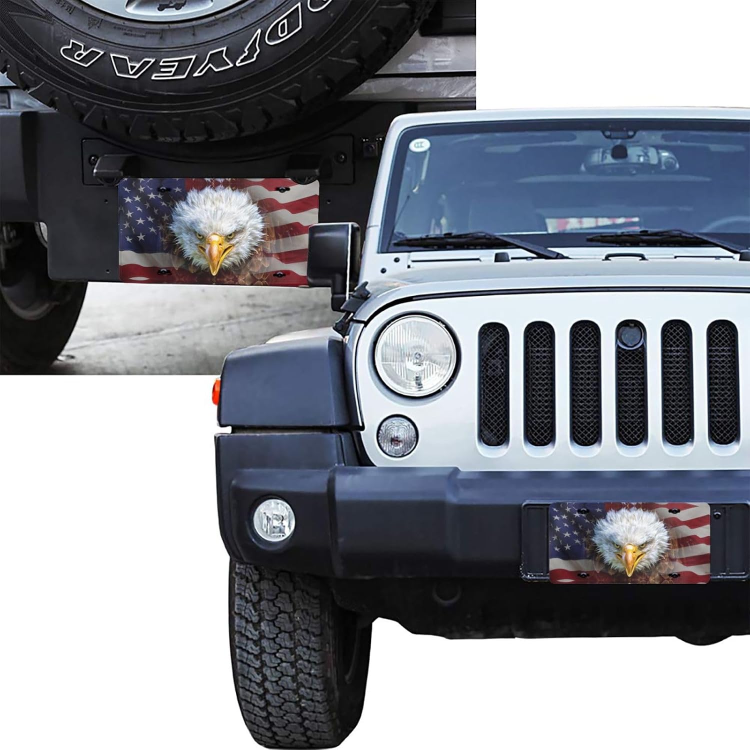 Eagle American Flag Front License Plate for Women Car Vanity Plates Decorative Aluminum Metal Cute Novelty License Plate Cover for Men 6x12 Inch (4 Holes)