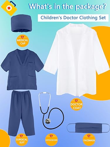 Miniatura 2 de Puteraya Conjunto de disfraz de médico quirúrgico para niños, uniforme con estetoscopio, juguete para niños y niñas, Halloween Cosplay