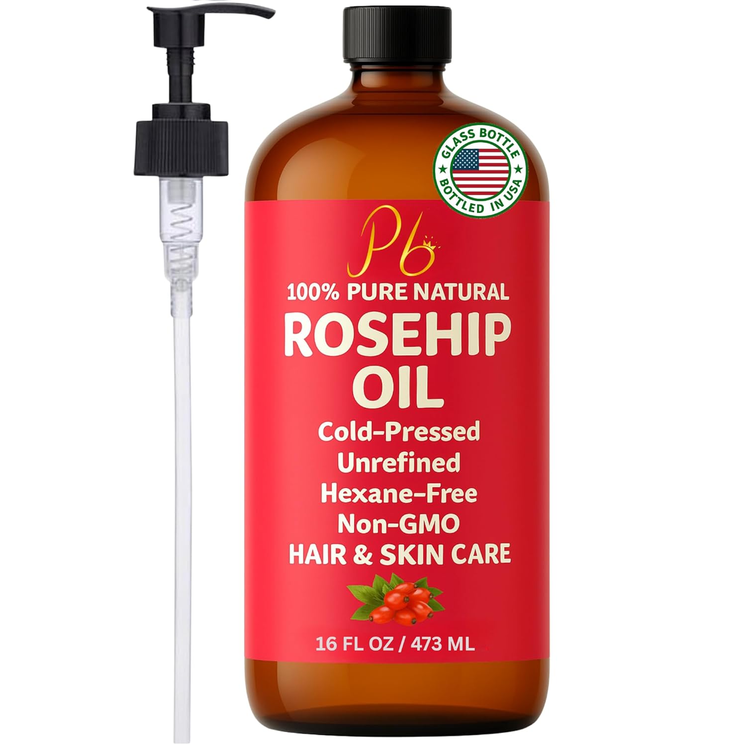 Rosehip Seed Oil | Cold-Pressed & Unrefined, Rosehip Oil for Face, Skin & Hair – Rose Hip oil for Scars, Wrinkles, Stretch Marks & Gua Sha Massage, 16 fl oz Glass Bottle with Pump