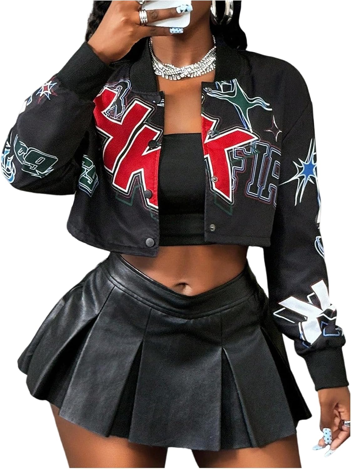 GORGLITTER Women's Cropped Varsity Jacket Zip Up Color Block Bomber Jacket Y2k Graphic Motorcycle Coats F1 Racer Jackets