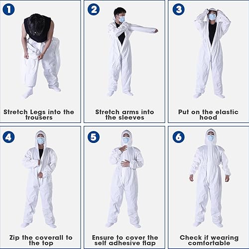 Miniatura 5 de TrelaCo Trajes desechables de 5 piezas XL para materiales peligrosos con capucha, impermeable, traje de pintor, transpirable, de cuerpo completo,