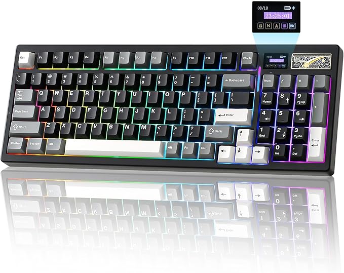 YUNZII IF99 Teclado Mecánico para Juegos Inalámbrico con Pantalla Inteligente LCD, QMK/Via Programable BT/2.4G/USB-C Junta Montada Hot Swap RGB 96% Diseño para Mac/Win (Negro, Cocoa Cream v2)